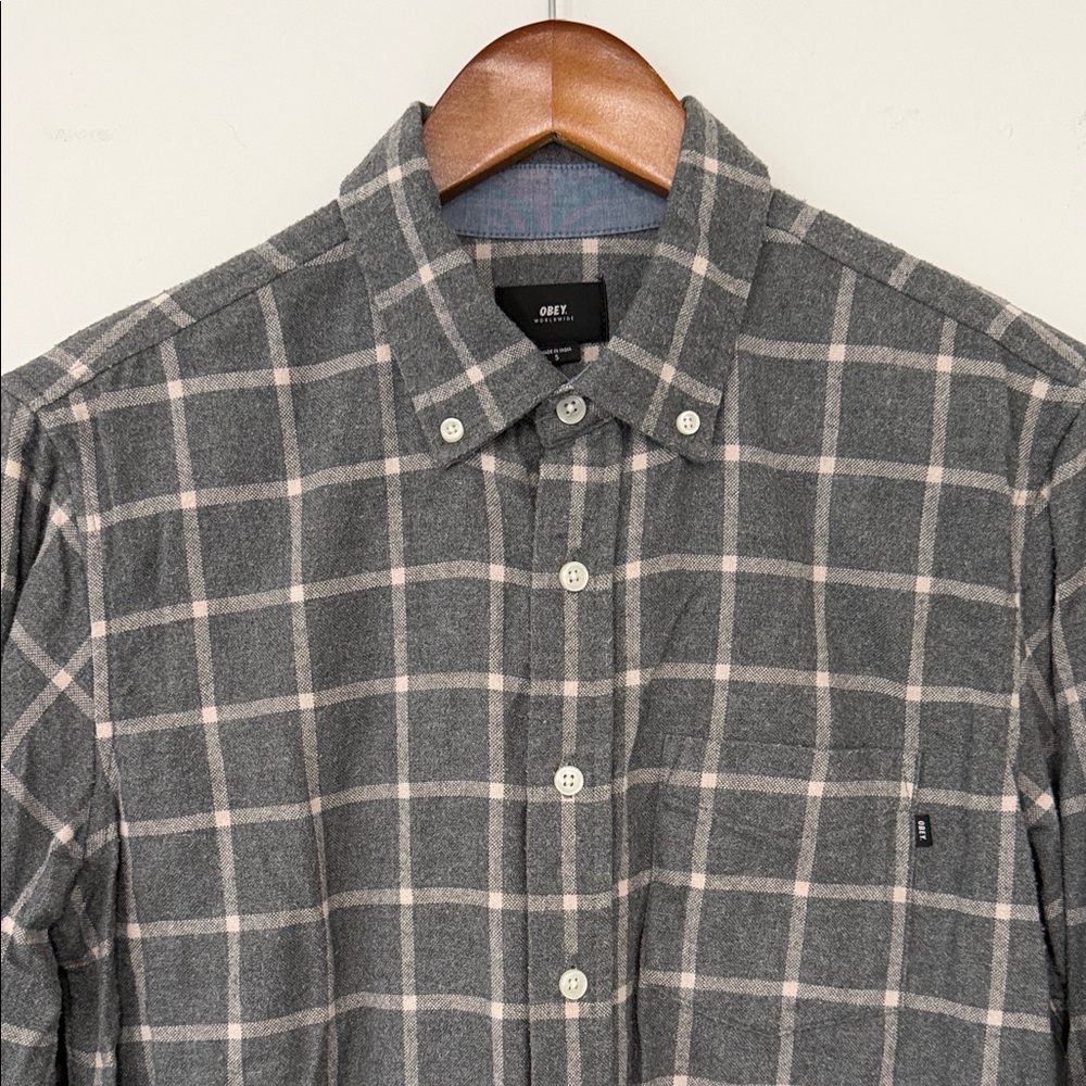 Obey Men's Gray and White Plaid Button-Down Shirt GREAT VALUE